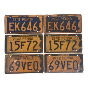 Lot of 6 original vintage Pennsylvania license plates dating from 1941–1942